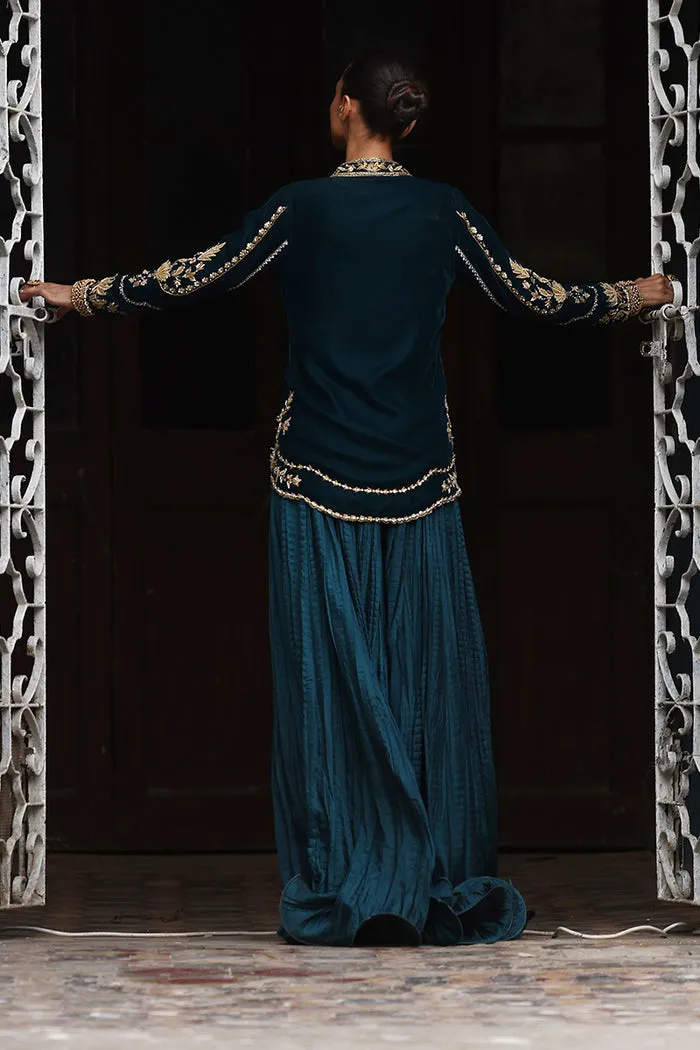 Dark Teal Green Velvet Short Jacket with Intricate 3D Embroidery