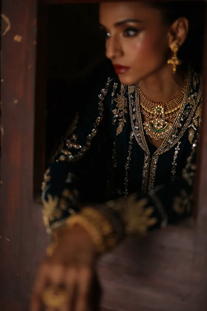 Dark Teal Green Velvet Short Jacket with Intricate 3D Embroidery