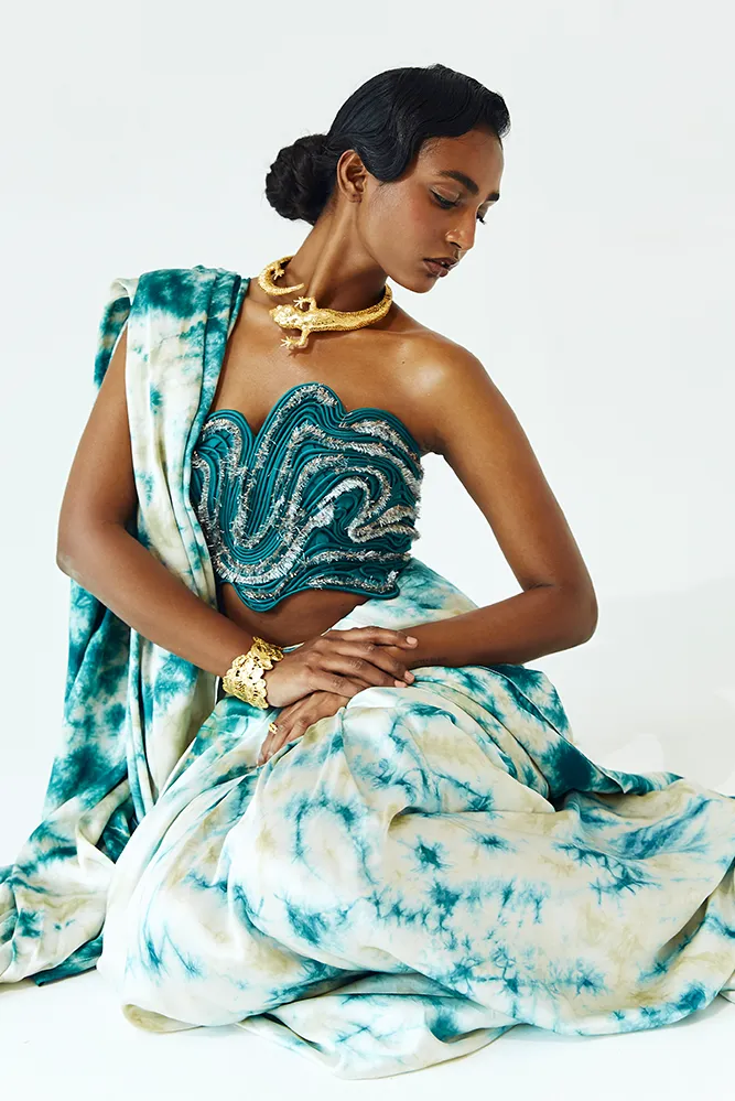 Ocean Teal Satin Drape Saree with Tie & Dye Patterns
