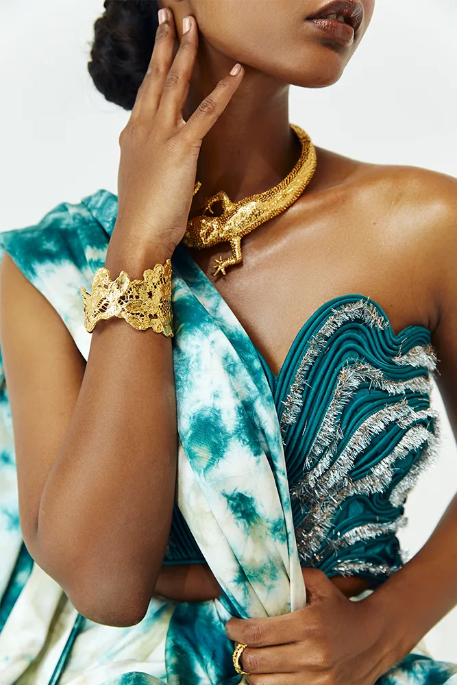 Ocean Teal Satin Drape Saree with Tie & Dye Patterns