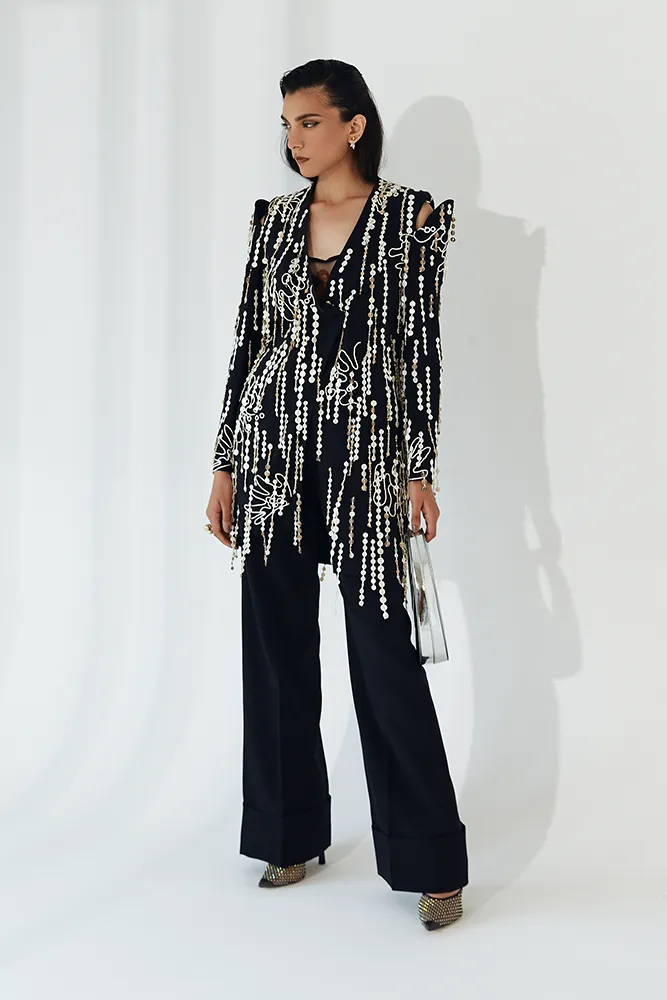 Asymmetrical Black Grip Jacket with Unique Button Embellishment