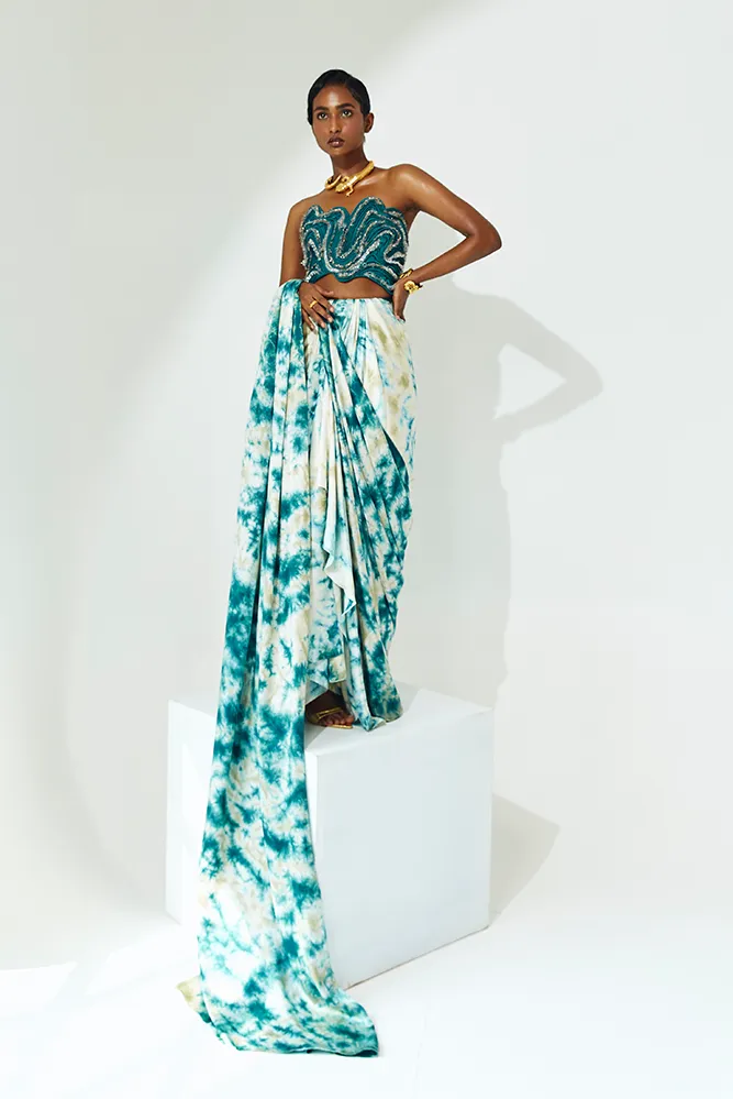 Ocean Teal Satin Drape Saree with Tie & Dye Patterns