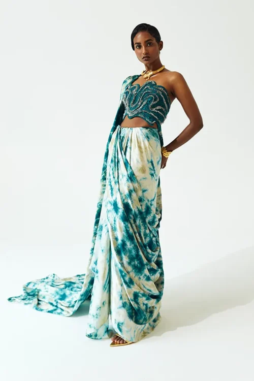 Ocean Teal Satin Drape Saree with Tie & Dye Patterns