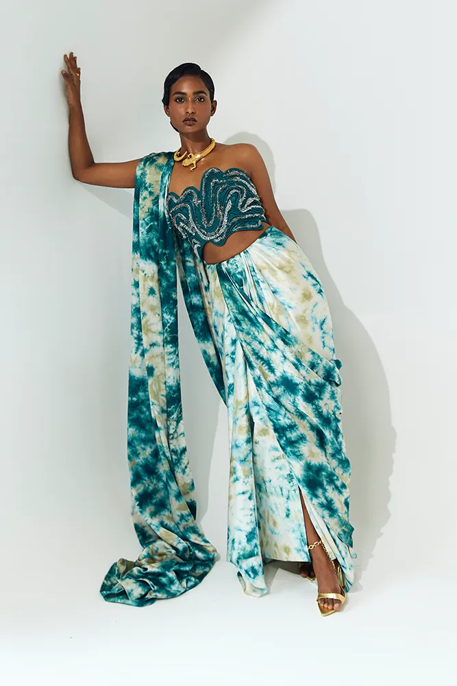 Ocean Teal Satin Drape Saree with Tie & Dye Patterns
