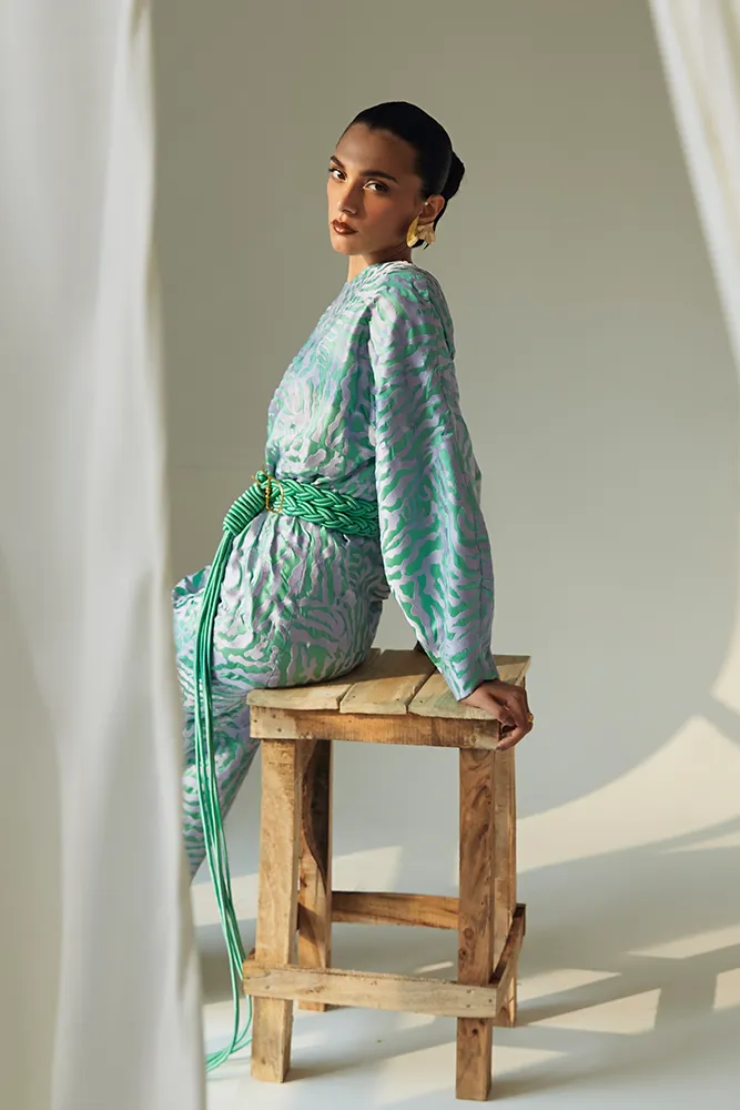 Self Embroidered Satin Dress with Exaggerated Shoulder Pads