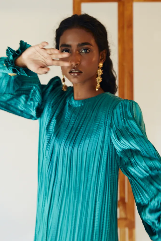 Teal Satin Pleated Gown with Billowing Sleeves and Gold Cuffs