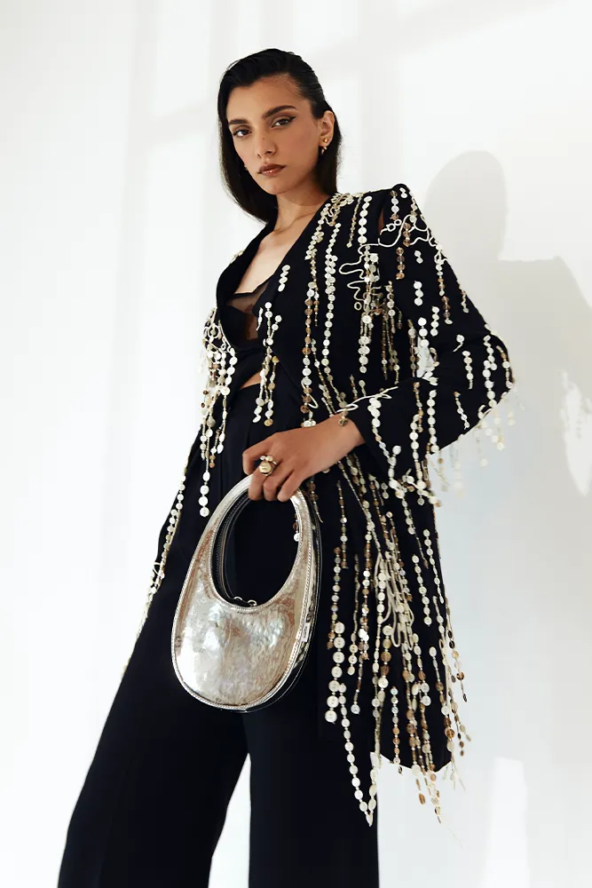 Asymmetrical Black Grip Jacket with Unique Button Embellishment