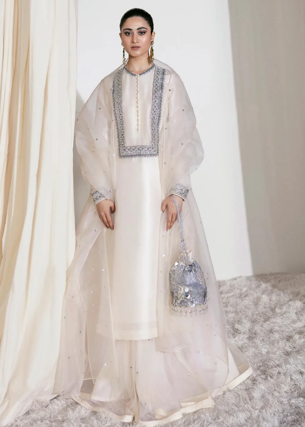 Ivory Raw Silk Shirt Set with Sharara and Organza Dupatta