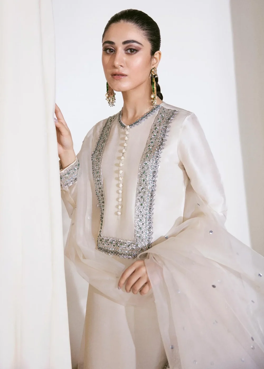 Ivory Raw Silk Shirt with Silver Naqshi Work and Sequins