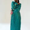 Teal Satin Pleated Gown with Billowing Sleeves and Gold Cuffs
