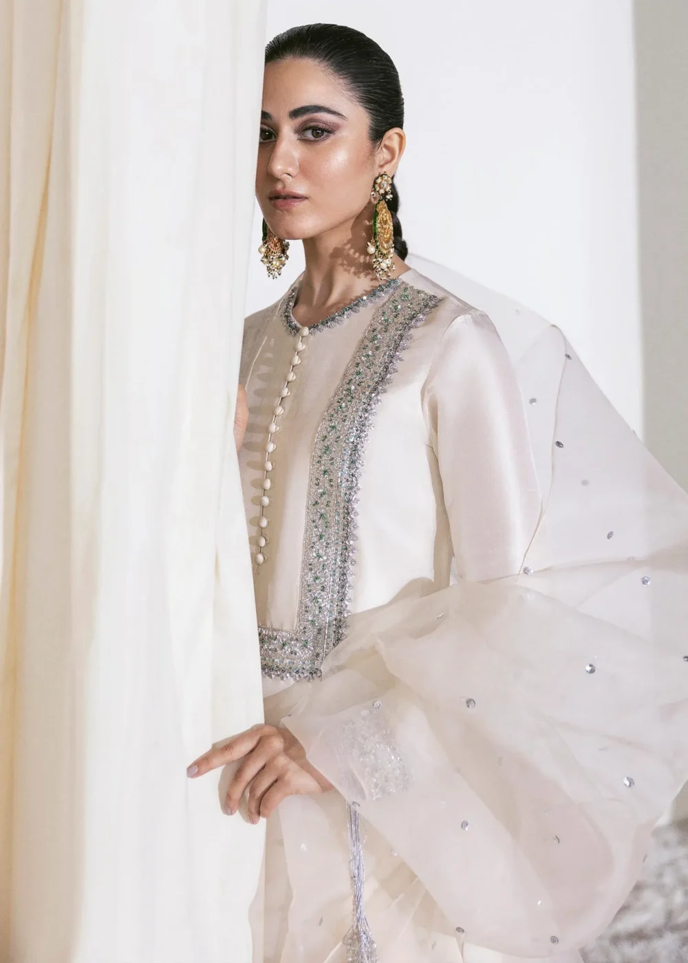 Ivory Raw Silk Shirt with Sharara & Organza Dupatta