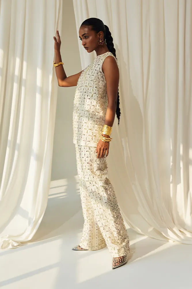 Smoldering Pearl White Organza Separates with Multi-Colored Embellishments Smoldering Pearl White Organza Separates with Multi-Colored Embellishments