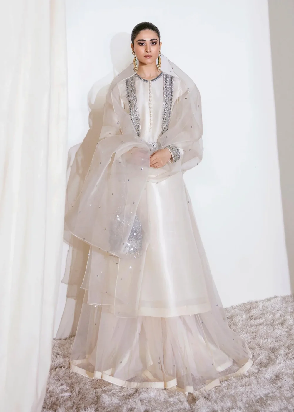 Ivory Raw Silk Shirt with Sharara & Organza Dupatta