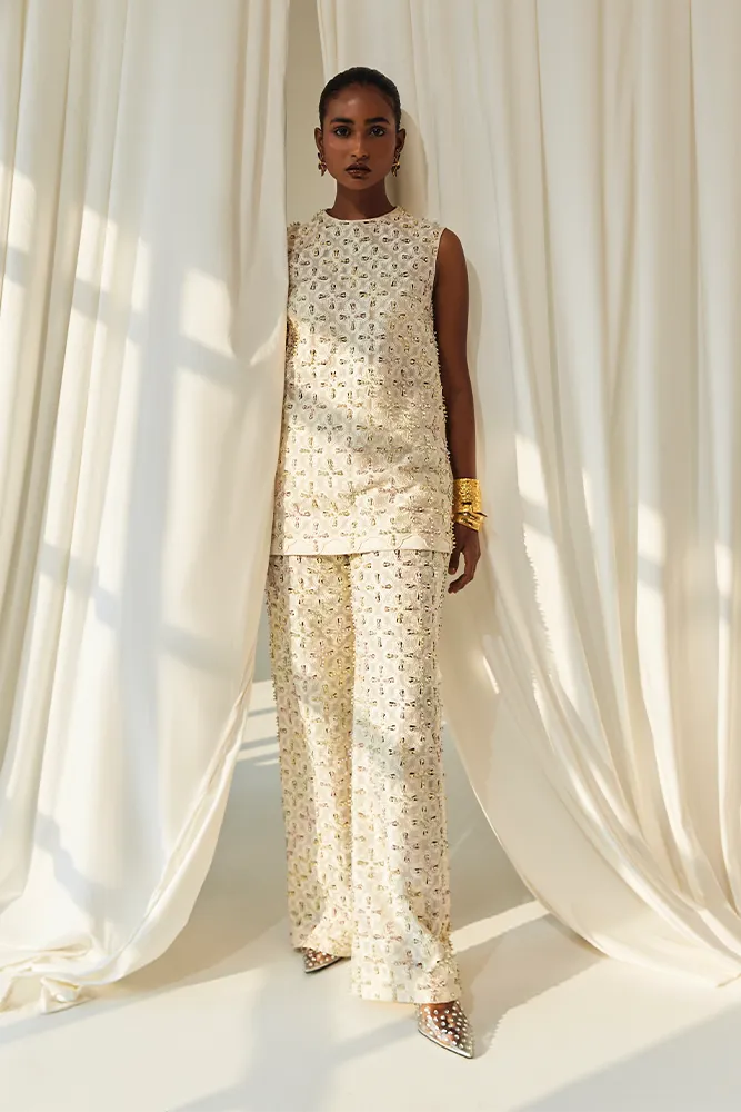 Smoldering Pearl White Organza Separates with Multi-Colored Embellishments Smoldering Pearl White Organza Separates with Multi-Colored Embellishments