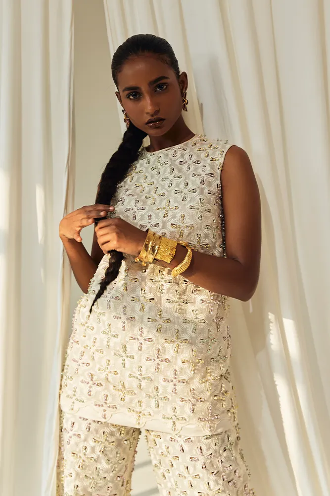 Smoldering Pearl White Organza Separates with Multi-Colored Embellishments Smoldering Pearl White Organza Separates with Multi-Colored Embellishments