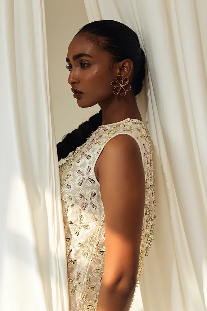 Smoldering Pearl White Organza Separates with Multi-Colored Embellishments Smoldering Pearl White Organza Separates with Multi-Colored Embellishments