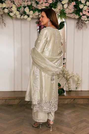 White wedding dress with sheer sleeves and intricate handwork, crafted for a modern yet classic bride.