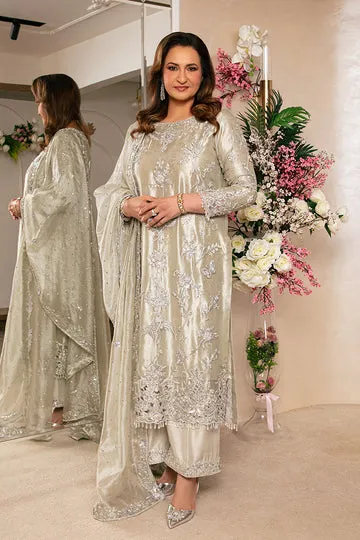 White wedding dress with intricate hand embroidery and shimmering sequins, designed for an elegant bridal look.