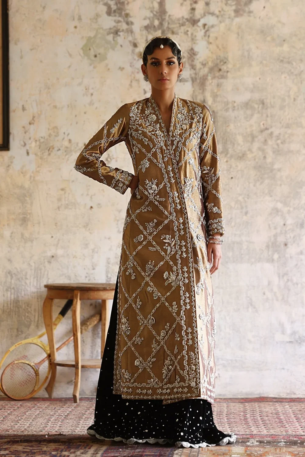 Antique Gold Chogha with Adda Work and 3D Floral Embellishments