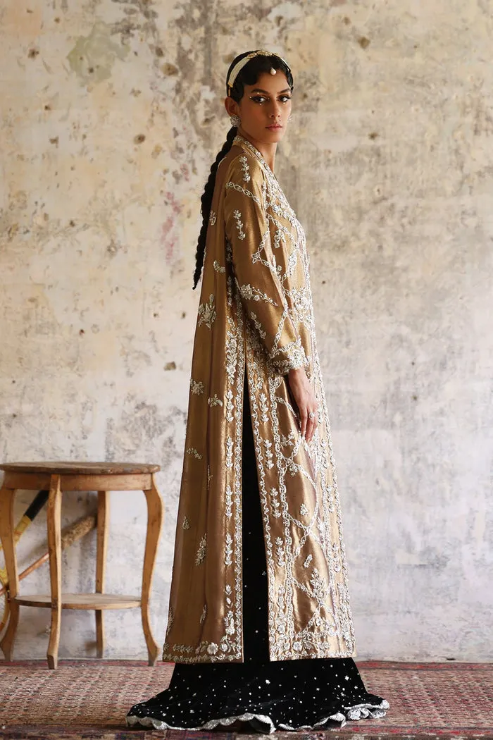 Antique Gold Chogha with Adda Work and 3D Floral Embellishments