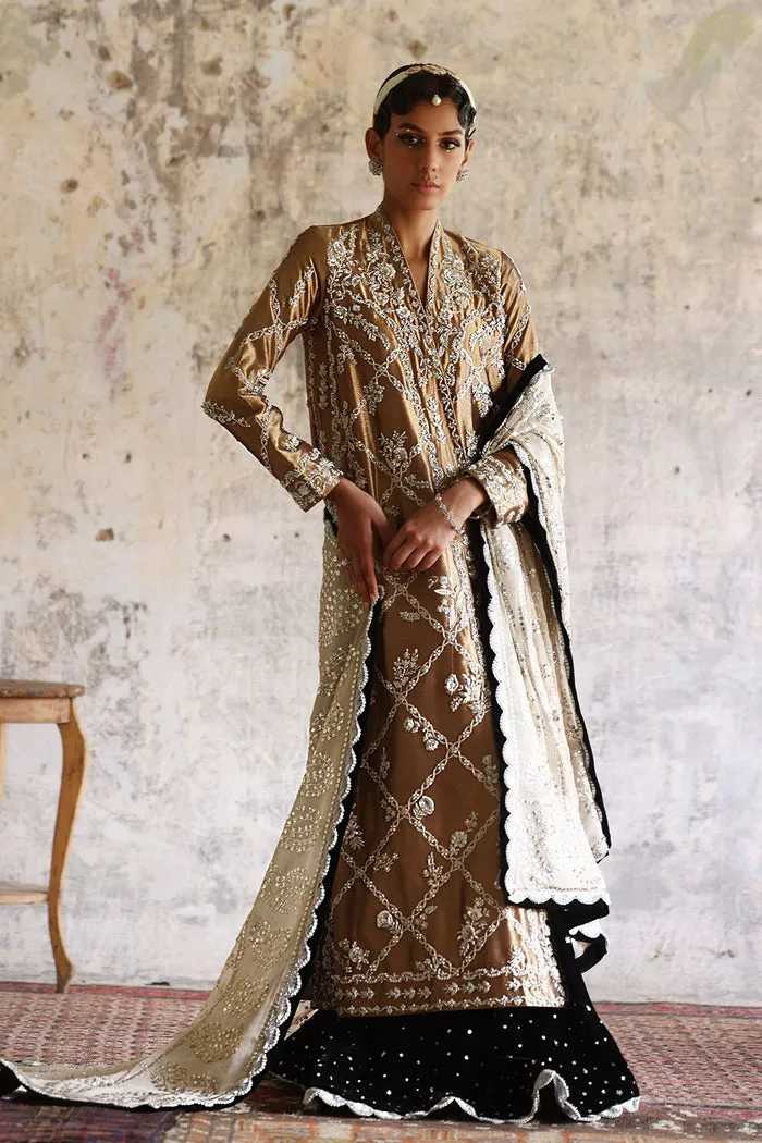 Antique Gold Chogha with Adda Work and 3D Floral Embellishments