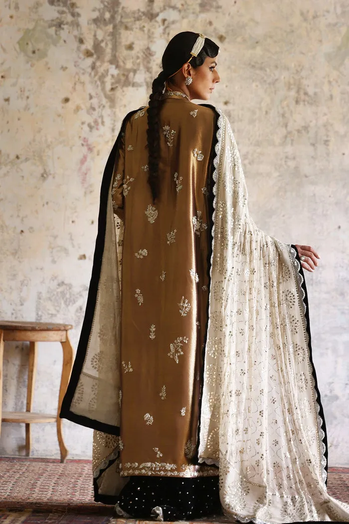 Antique Gold Chogha with Adda Work and 3D Floral Embellishments