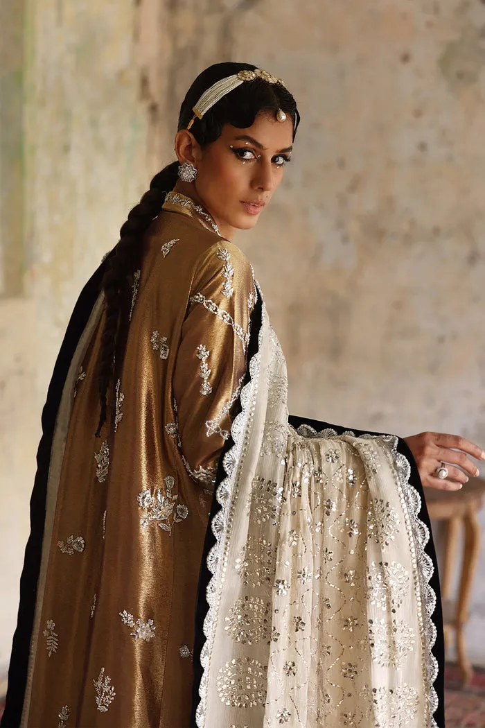 Antique Gold Chogha with Adda Work and 3D Floral Embellishments
