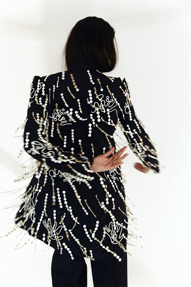 Asymmetrical Black Grip Jacket with Unique Button Embellishment