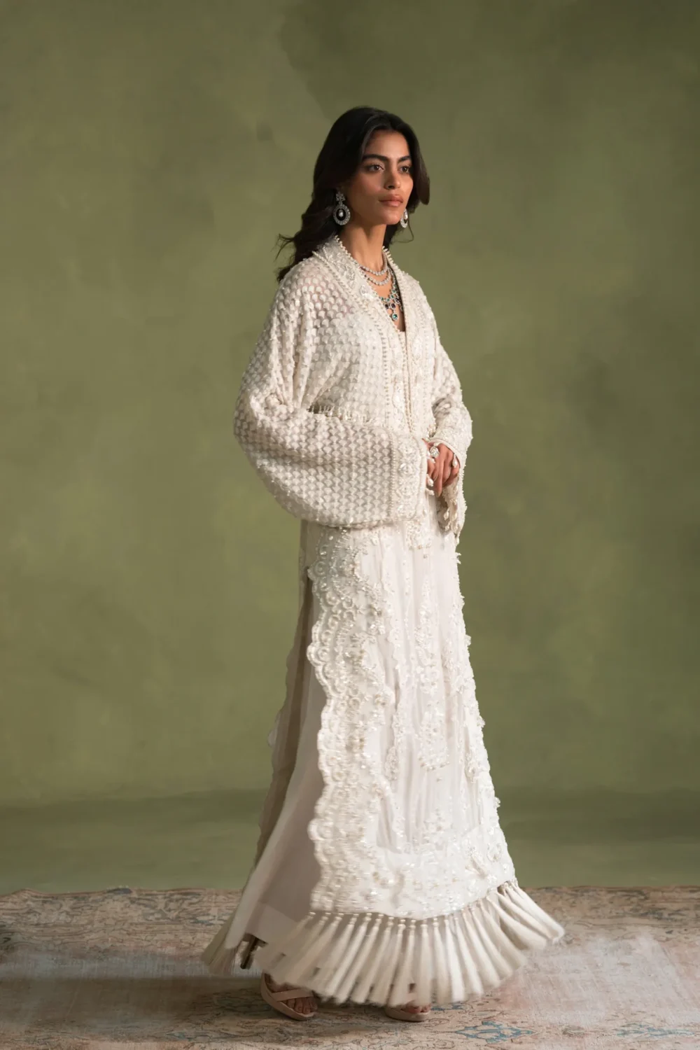 White flowy beach dress with handcrafted sequins and beads