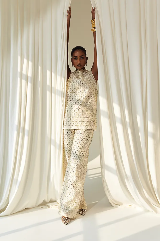 Smoldering Pearl White Organza Separates with Multi-Colored Embellishments Smoldering Pearl White Organza Separates with Multi-Colored Embellishments