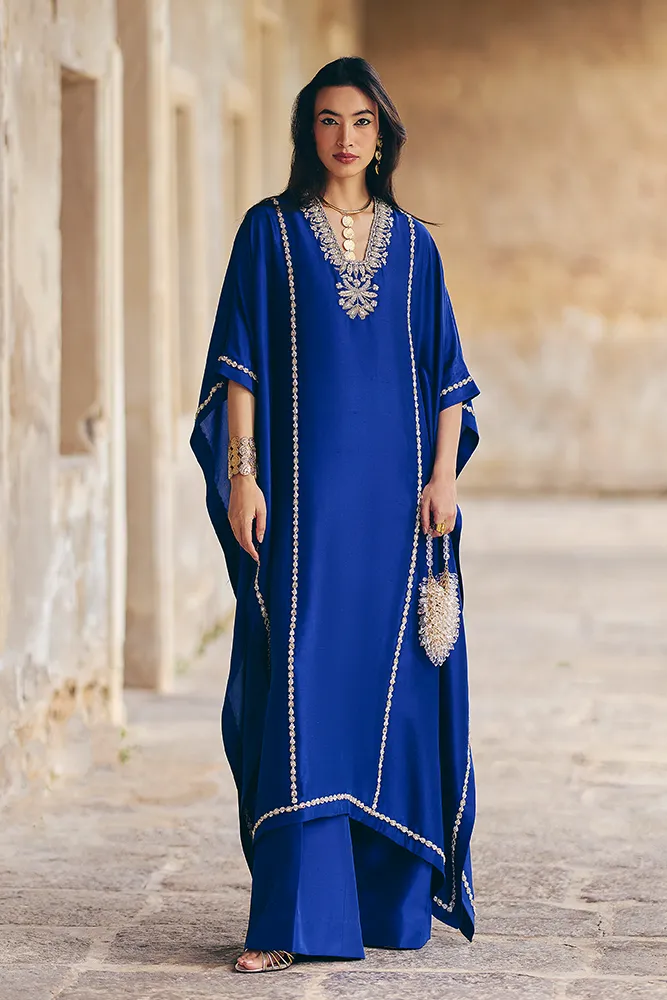Azure Blue Silk Kaftan with Crystal Gem Embellishments