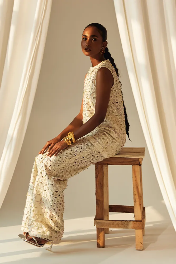 Smoldering Pearl White Organza Separates with Multi-Colored Embellishments39f94b-8905-4e98-be55-88016 Smoldering Pearl White Organza Separates with Multi-Colored Embellishments