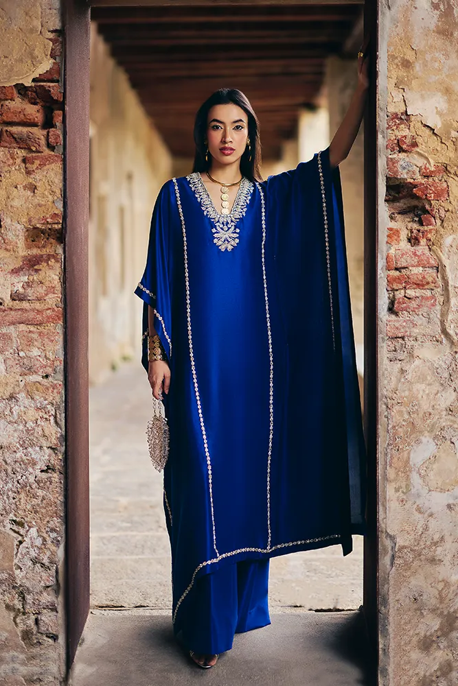 Azure Blue Silk Kaftan with Crystal Gem Embellishments