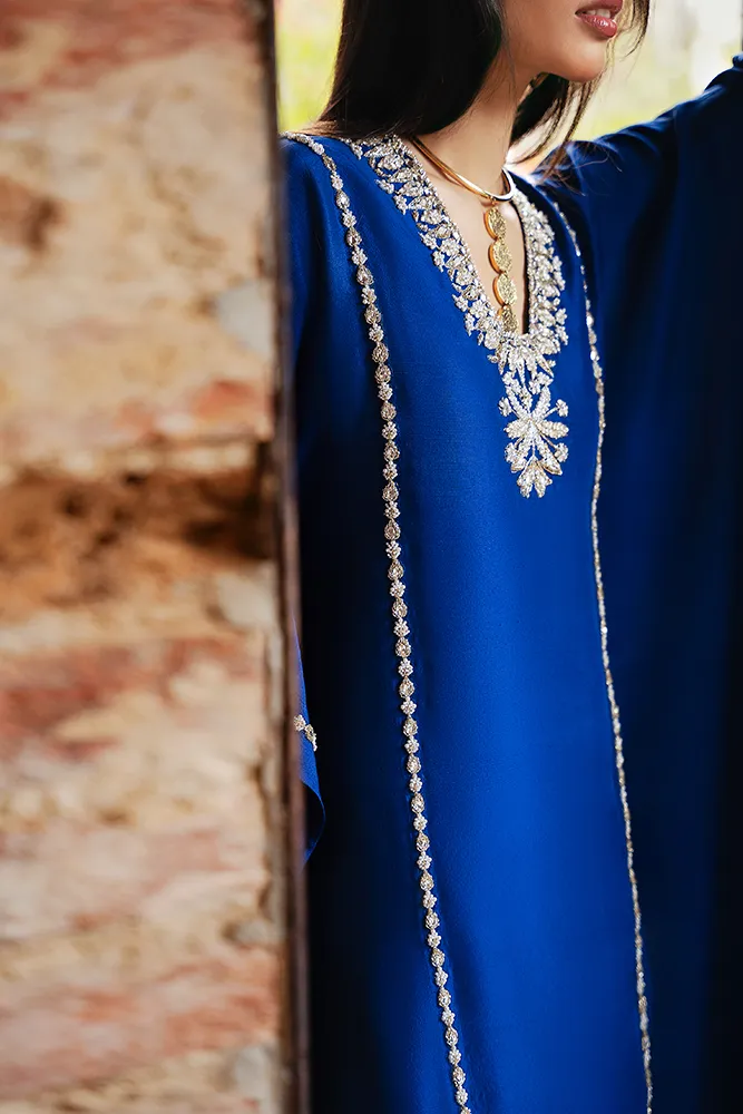Azure Blue Silk Kaftan with Crystal Gem Embellishments