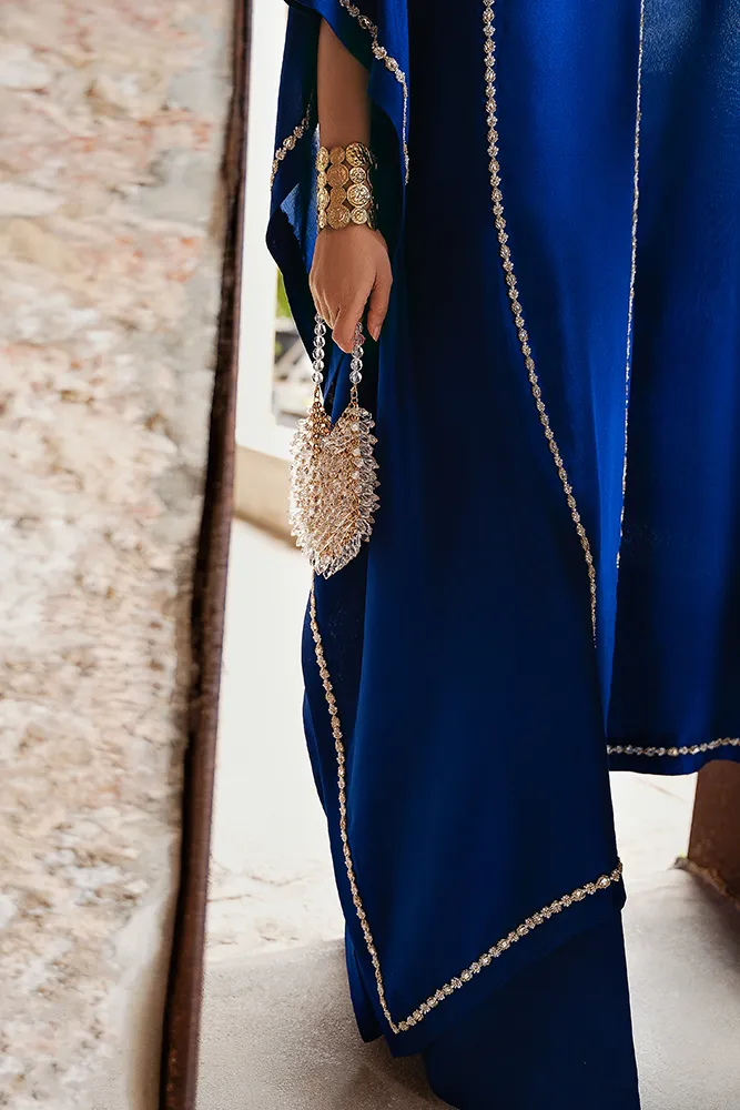 Azure Blue Silk Kaftan with Crystal Gem Embellishments