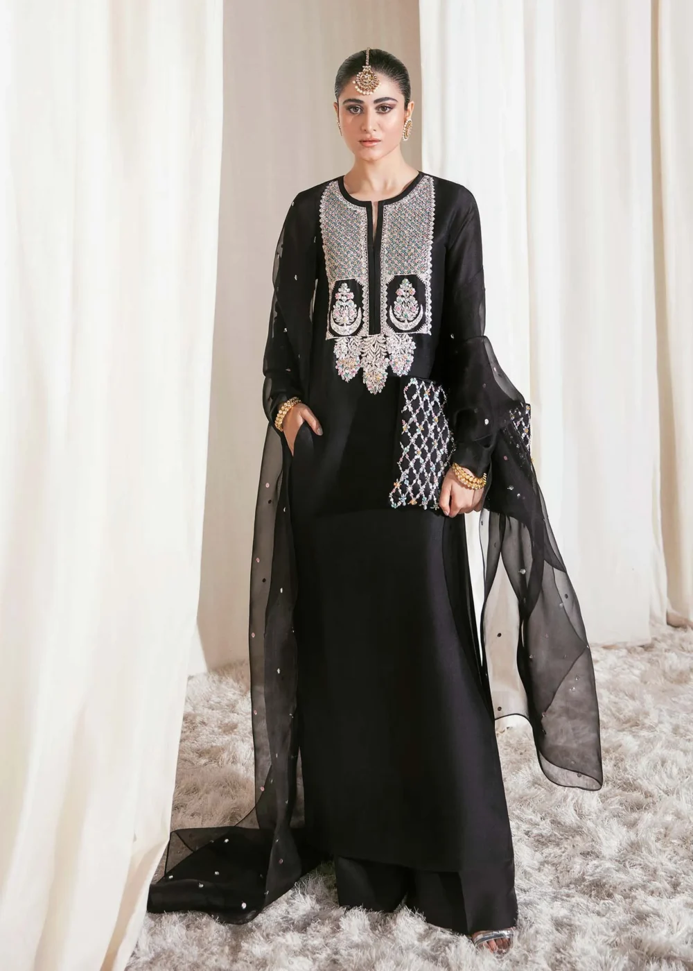 Black Raw Silk Shirt Set with Palazzo Pants & Organza Dupatta