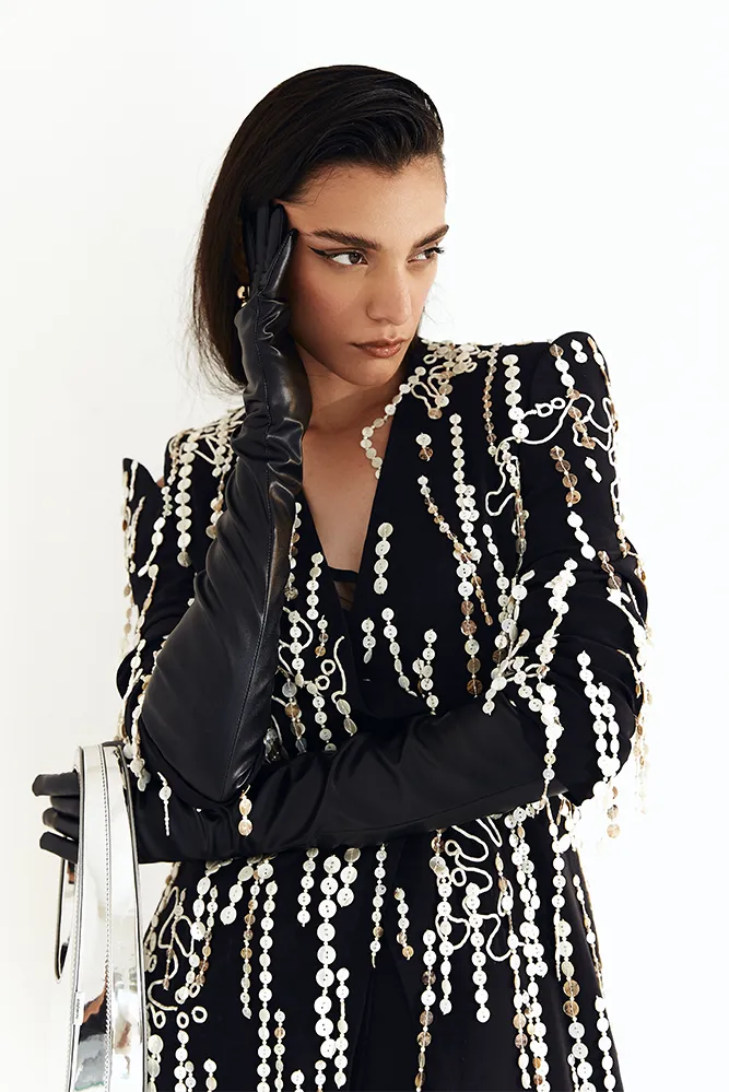 Asymmetrical Black Grip Jacket with Unique Button Embellishment