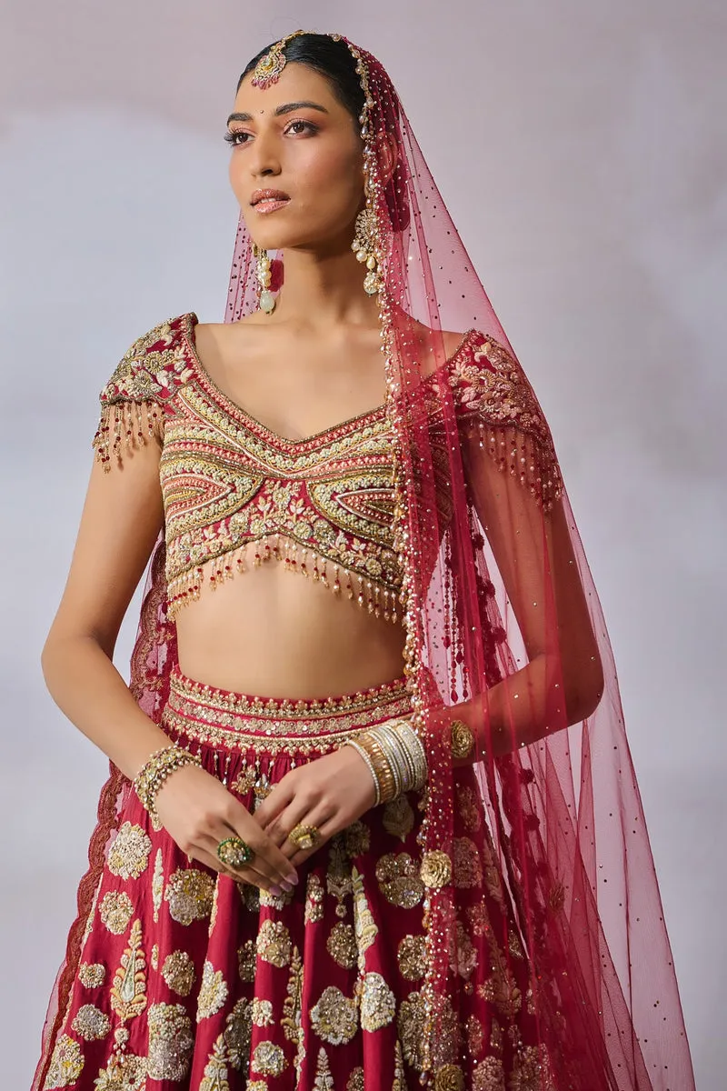 Zardozi Work Bridal Lehenga Close-up Showing Intricate Embroidery