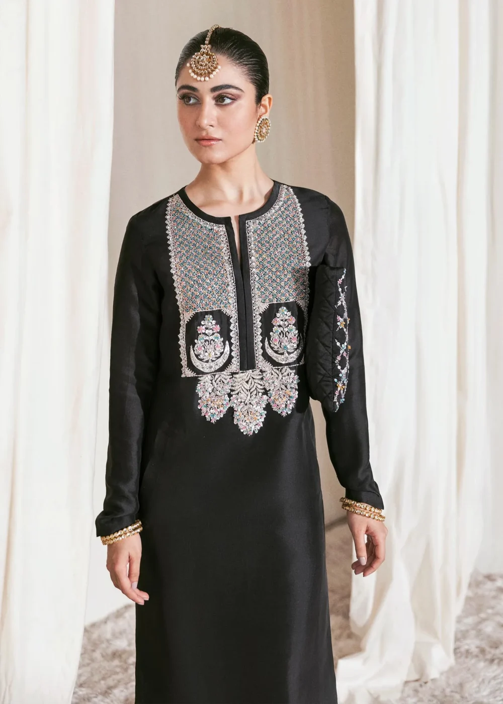 Black Raw Silk Shirt Set with Palazzo Pants & Organza Dupatta