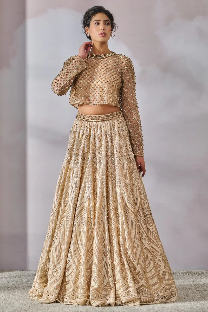 Pearl Embroidered Lehenga in Peach with Swarovski Sheer Top