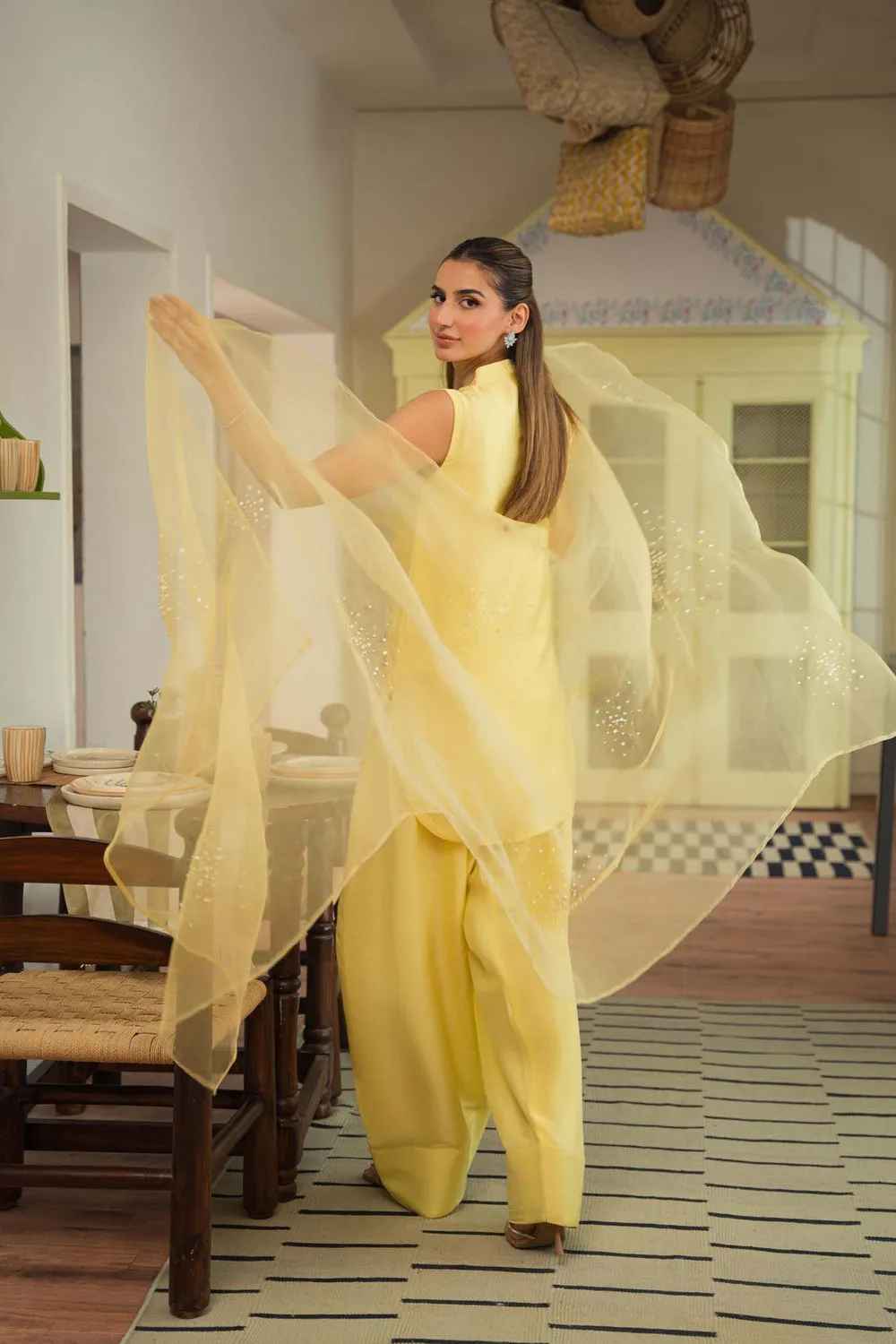 2️⃣ Hand Embellished Sheesha Silk Suit Featuring Organza Dupatta with Chunky Spray Embroidery