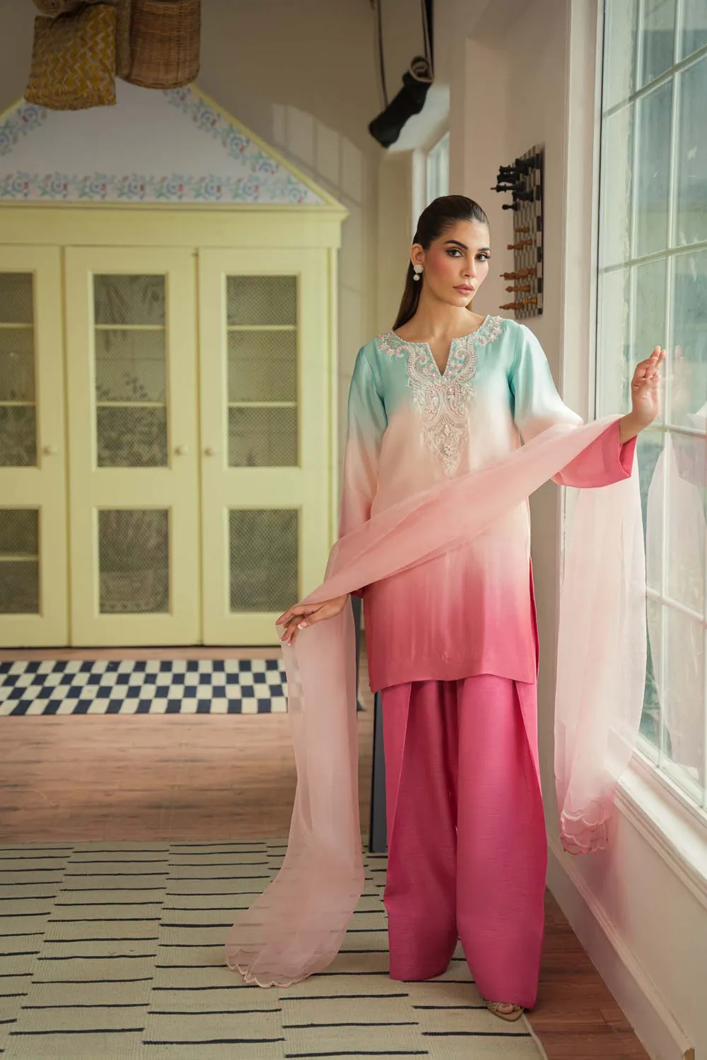 1️⃣ Embroidered Sheesha Silk Suit for Women with 3-Tone Tie-Dye Effect