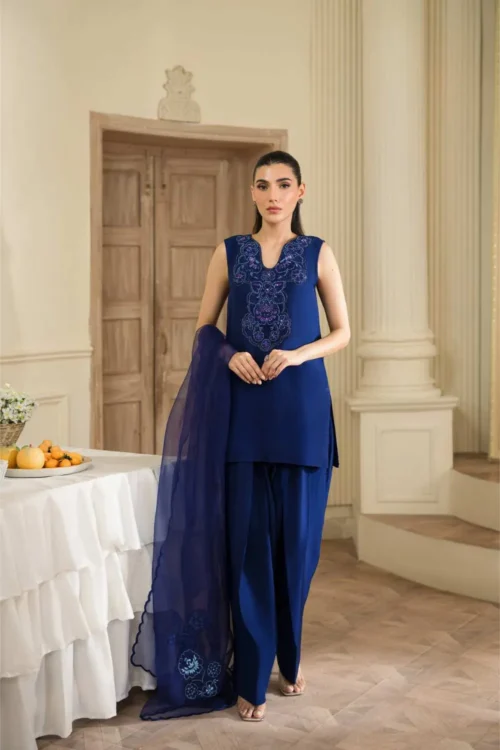 1️⃣ Embroidered Korean Raw Silk Suit for Women with Handworked Crystals