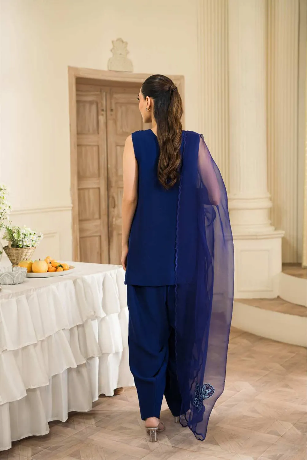 2️⃣ Embroidered Korean Raw Silk Suit Featuring Sequins & Katdana Work