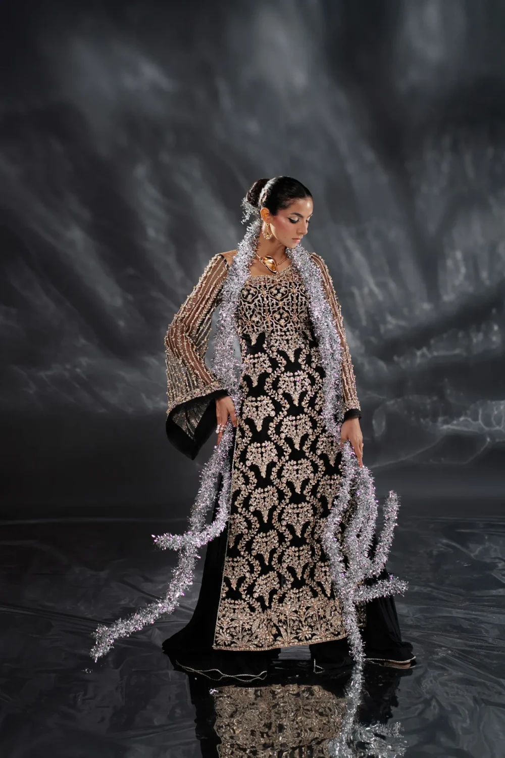 Black Dress Midnight Gilded Glam – Side Angle with Embellishments