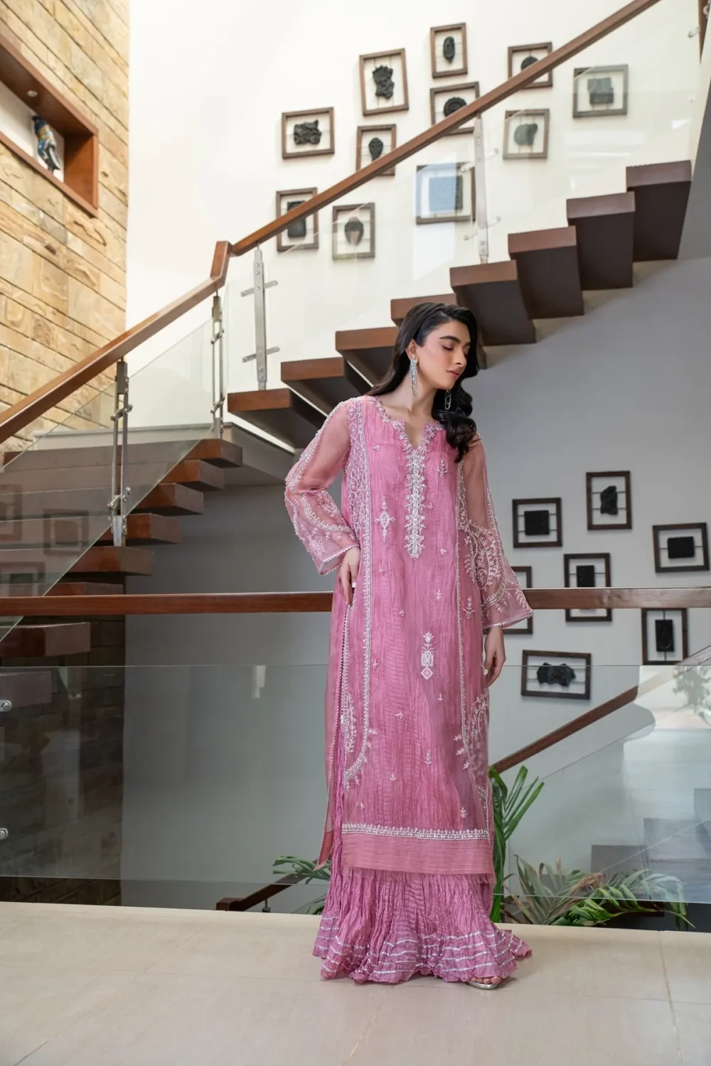 Ivory Organza shirt with handwork and sparkling stones, styled with a crushed inner lehenga