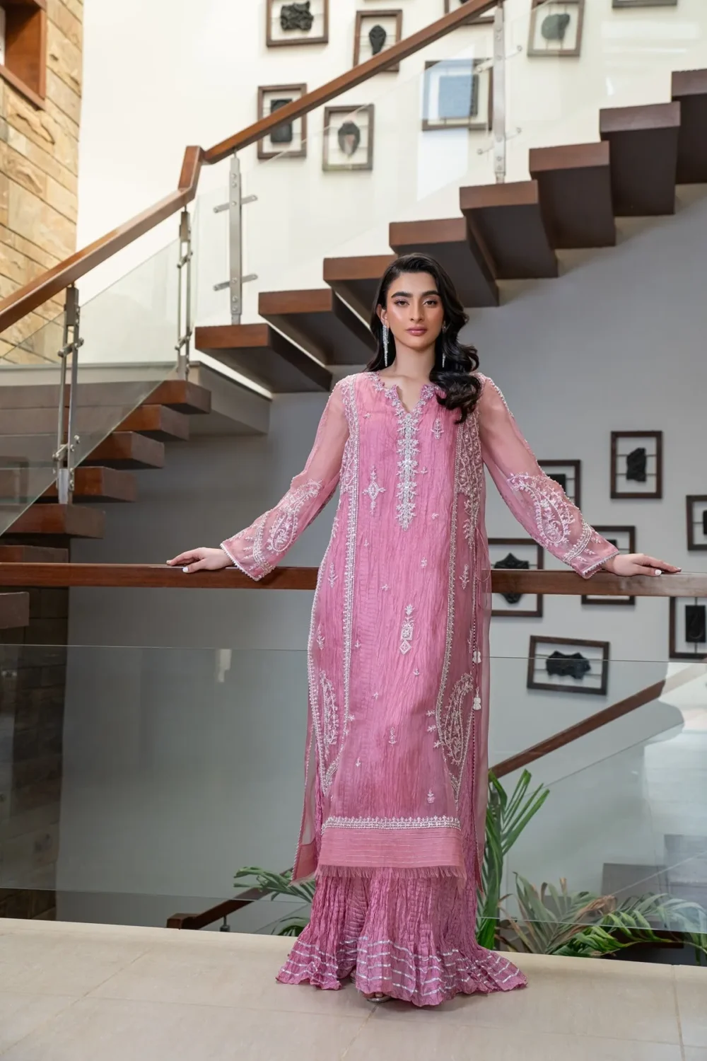 Ivory Organza shirt with handwork and sparkling stones, styled with a crushed inner lehenga