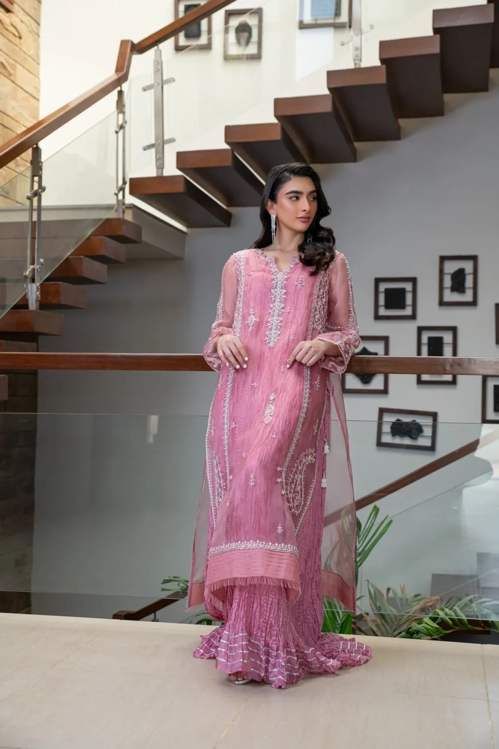 Ivory Organza shirt with handwork and sparkling stones, styled with a crushed inner lehenga