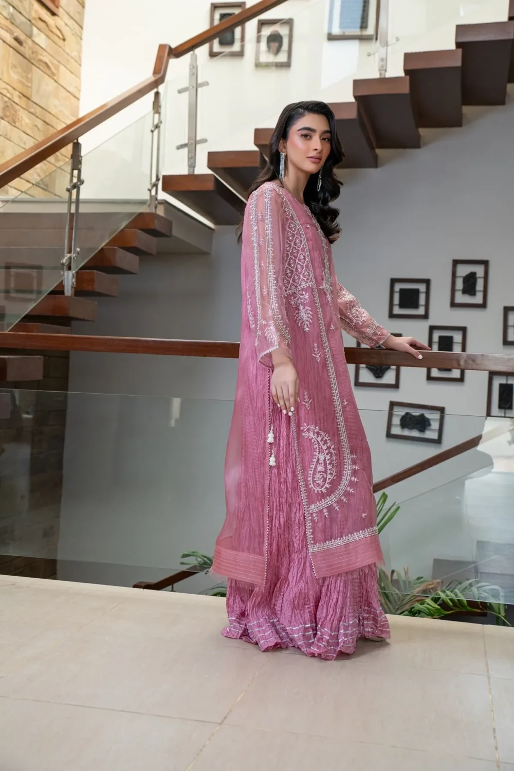 Ivory Organza shirt with handwork and sparkling stones, styled with a crushed inner lehenga