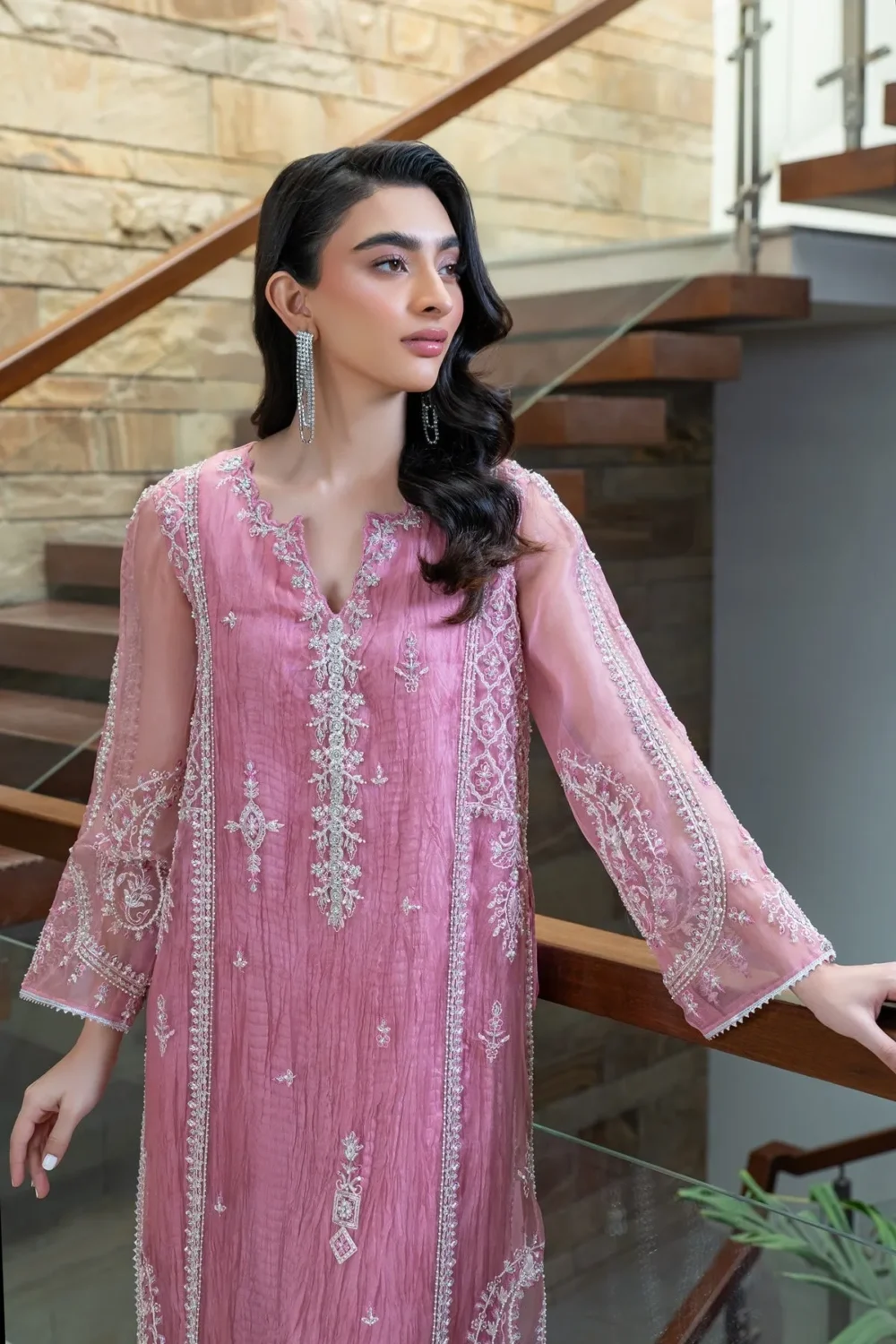 Ivory Organza shirt with handwork and sparkling stones, styled with a crushed inner lehenga